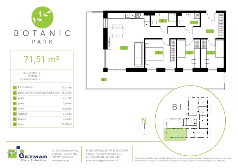 4 pokoje, mieszkanie 71,51 m², parter, oferta nr 6, Botanic Park, Łódź, Polesie, Złotno, ul. Konstantynowska 66 C, D, E, F
