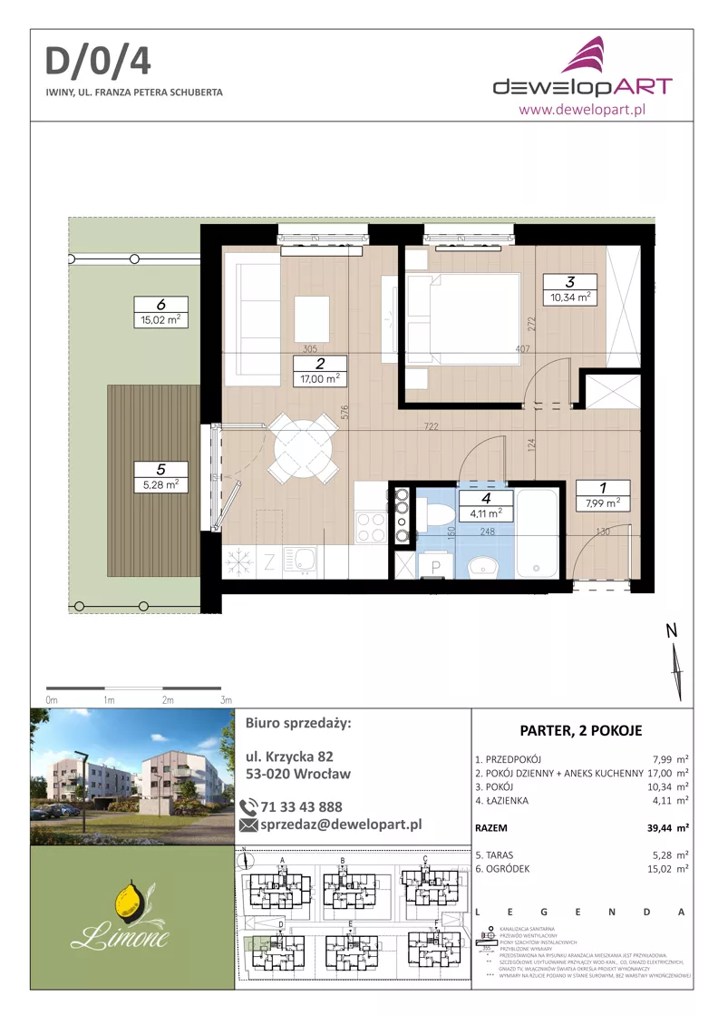 2 pokoje, mieszkanie 39,44 m², parter, oferta nr D/0/4, Limone, Wrocław, Jagodno, ul. F. P. Schuberta
