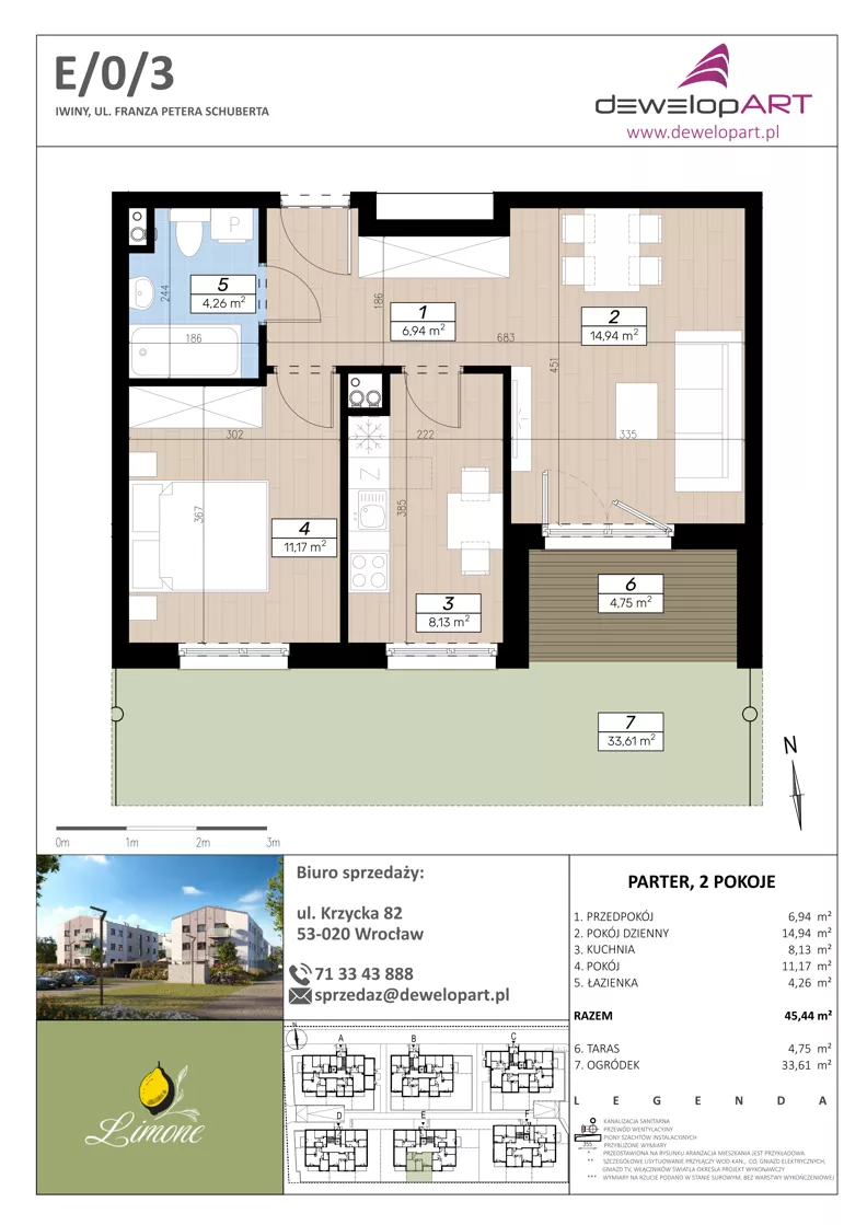 2 pokoje, mieszkanie 45,44 m², parter, oferta nr E/0/3, Limone, Wrocław, Jagodno, ul. F. P. Schuberta