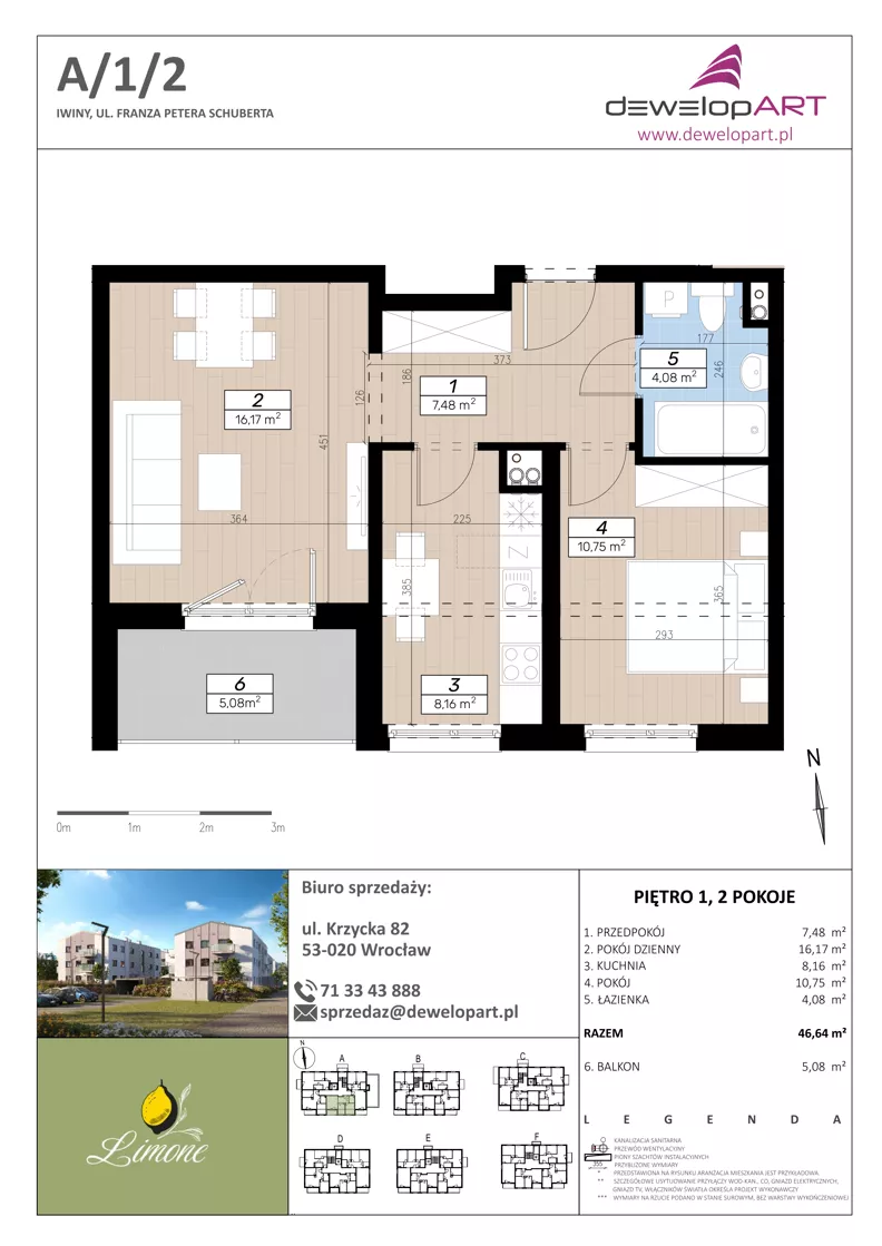 2 pokoje, mieszkanie 46,63 m², piętro 1, oferta nr A/1/2, Limone, Wrocław, Jagodno, ul. F. P. Schuberta