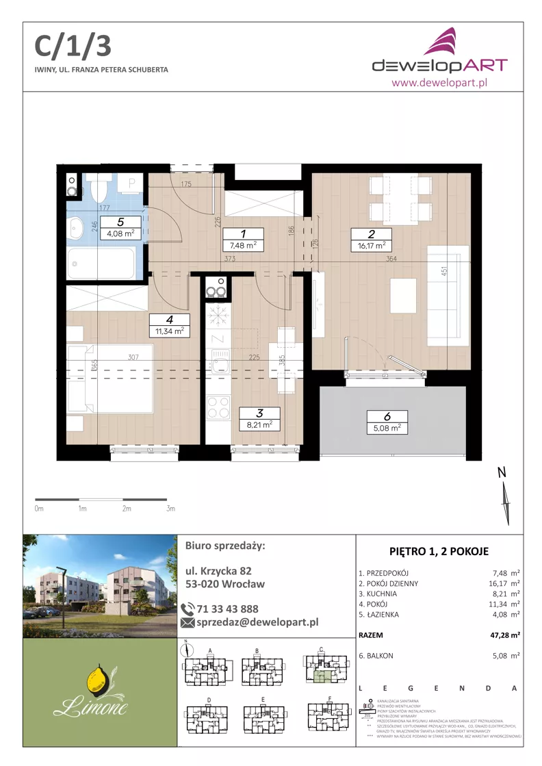 2 pokoje, mieszkanie 47,28 m², piętro 1, oferta nr C/1/3, Limone, Wrocław, Jagodno, ul. F. P. Schuberta
