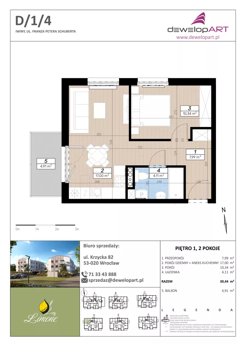 2 pokoje, mieszkanie 39,44 m², piętro 1, oferta nr D/1/4, Limone, Wrocław, Jagodno, ul. F. P. Schuberta