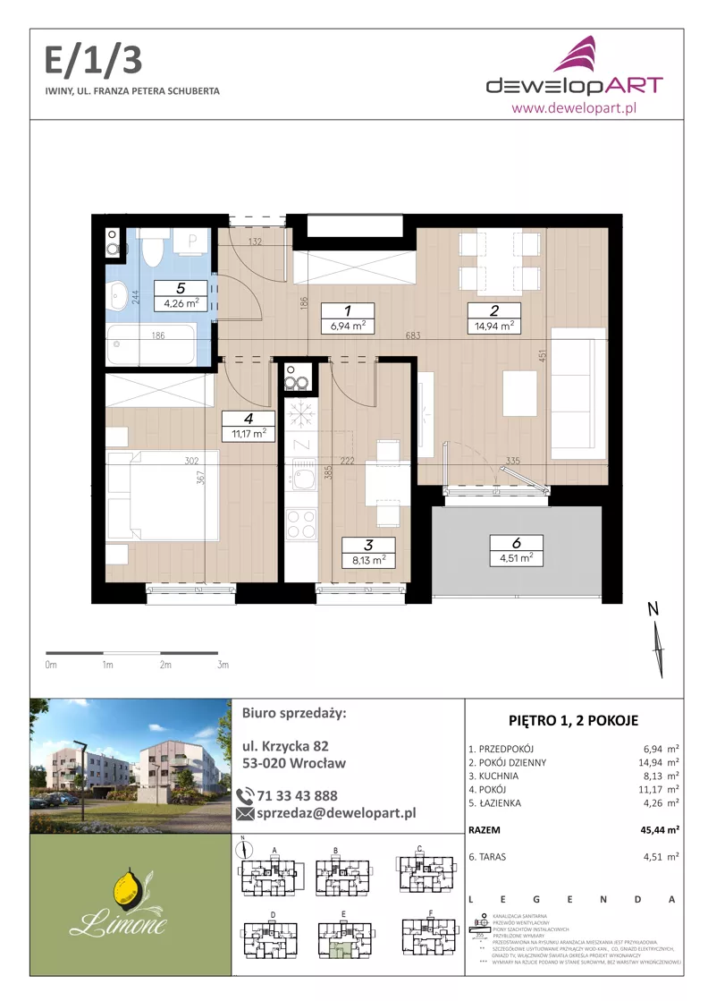 2 pokoje, mieszkanie 45,44 m², piętro 1, oferta nr E/1/3, Limone, Wrocław, Jagodno, ul. F. P. Schuberta