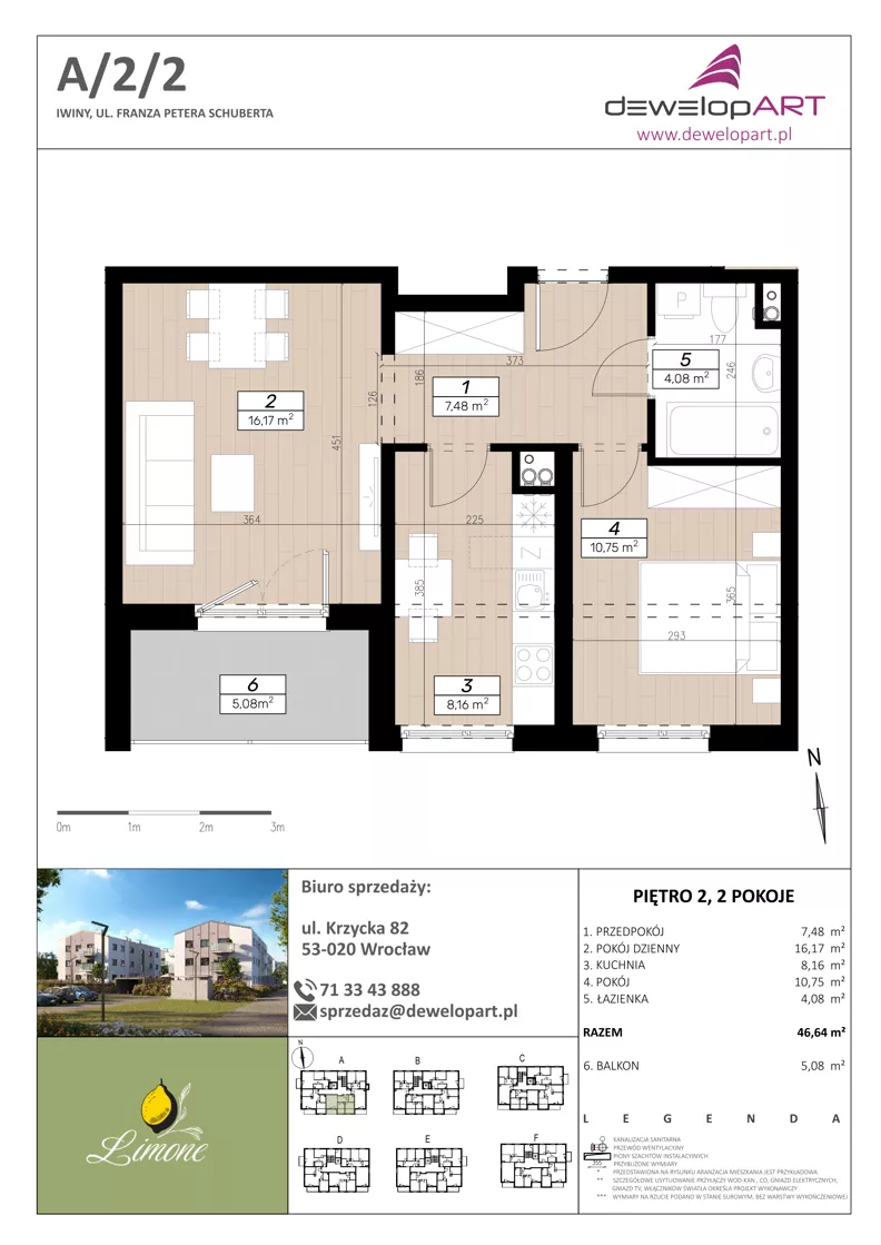 2 pokoje, mieszkanie 46,63 m², piętro 2, oferta nr A/2/2, Limone, Wrocław, Jagodno, ul. F. P. Schuberta