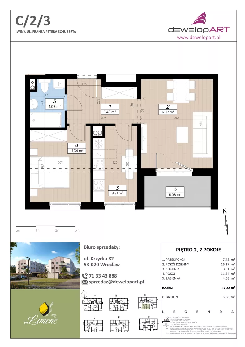 2 pokoje, mieszkanie 47,28 m², piętro 2, oferta nr C/2/3, Limone, Wrocław, Jagodno, ul. F. P. Schuberta
