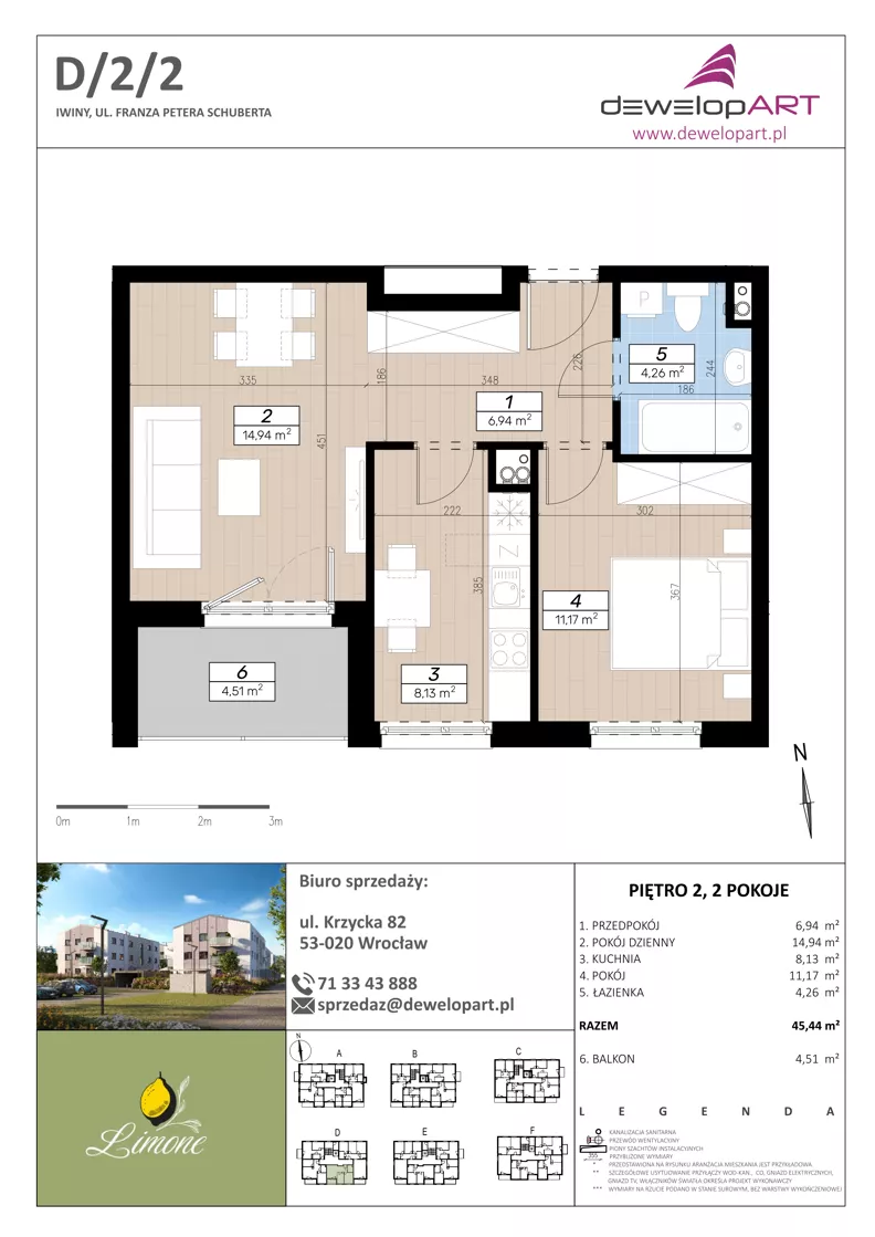 2 pokoje, mieszkanie 45,44 m², piętro 2, oferta nr D/2/2, Limone, Wrocław, Jagodno, ul. F. P. Schuberta