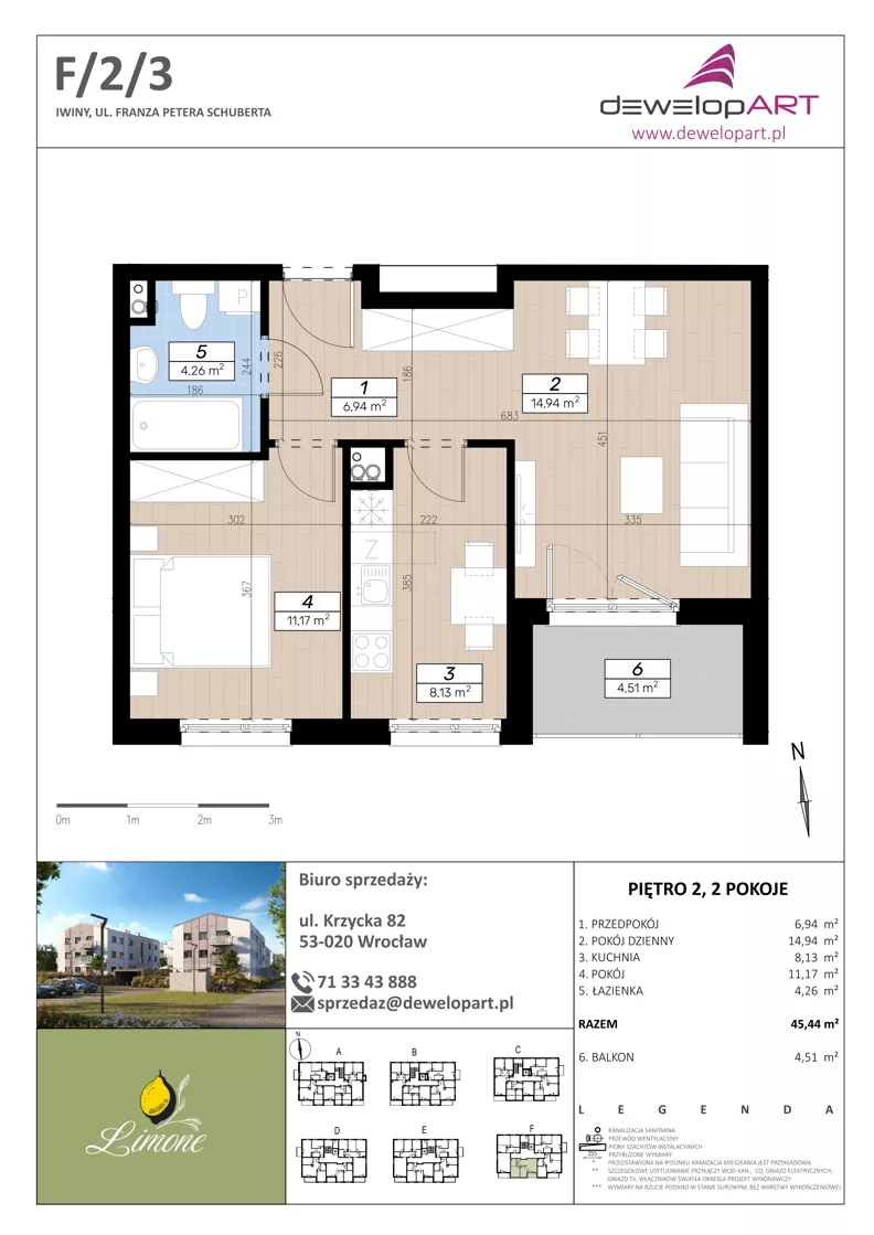 2 pokoje, mieszkanie 45,44 m², piętro 2, oferta nr F/2/3, Limone, Wrocław, Jagodno, ul. F. P. Schuberta