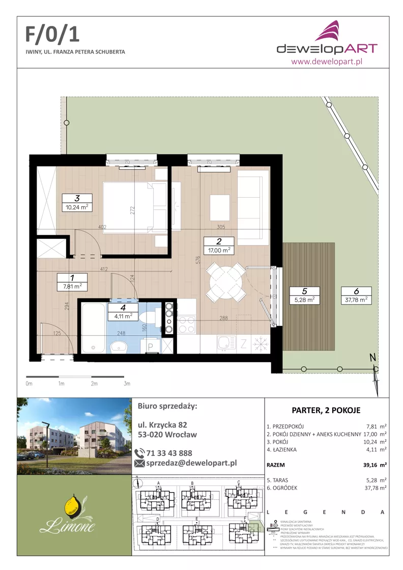 2 pokoje, mieszkanie 39,16 m², parter, oferta nr F/0/1, Limone, Wrocław, Jagodno, ul. F. P. Schuberta