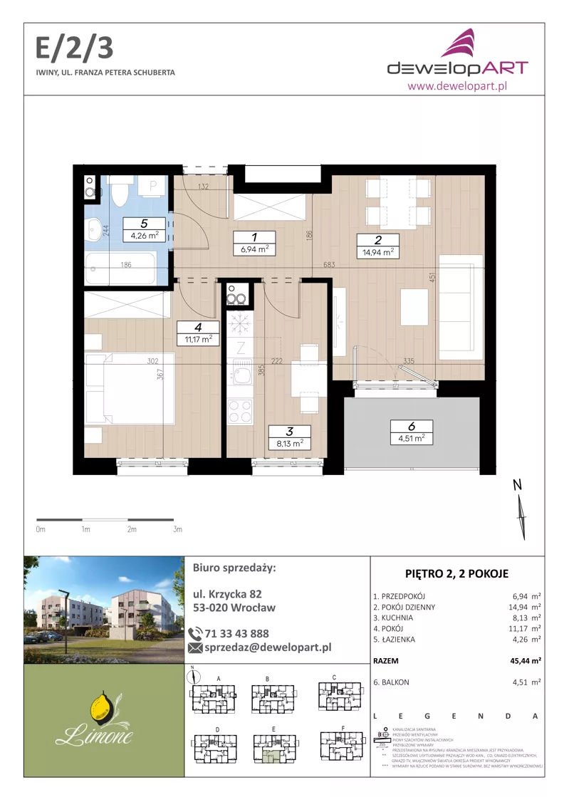 2 pokoje, mieszkanie 45,44 m², piętro 2, oferta nr E/2/3, Limone, Wrocław, Jagodno, ul. F. P. Schuberta