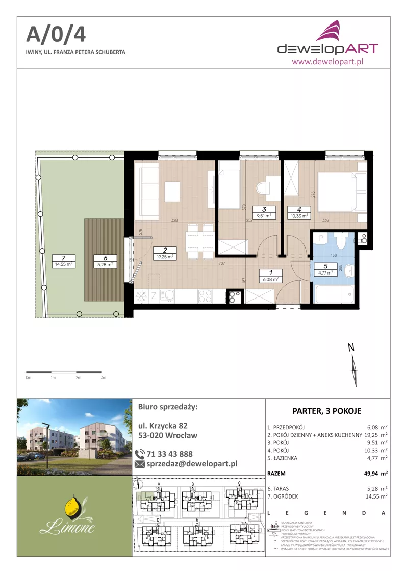 3 pokoje, mieszkanie 51,47 m², parter, oferta nr A/0/4, Limone, Wrocław, Jagodno, ul. F. P. Schuberta
