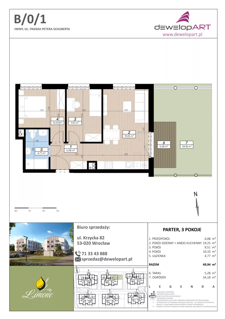3 pokoje, mieszkanie 49,94 m², parter, oferta nr B/0/1, Limone, Wrocław, Jagodno, ul. F. P. Schuberta