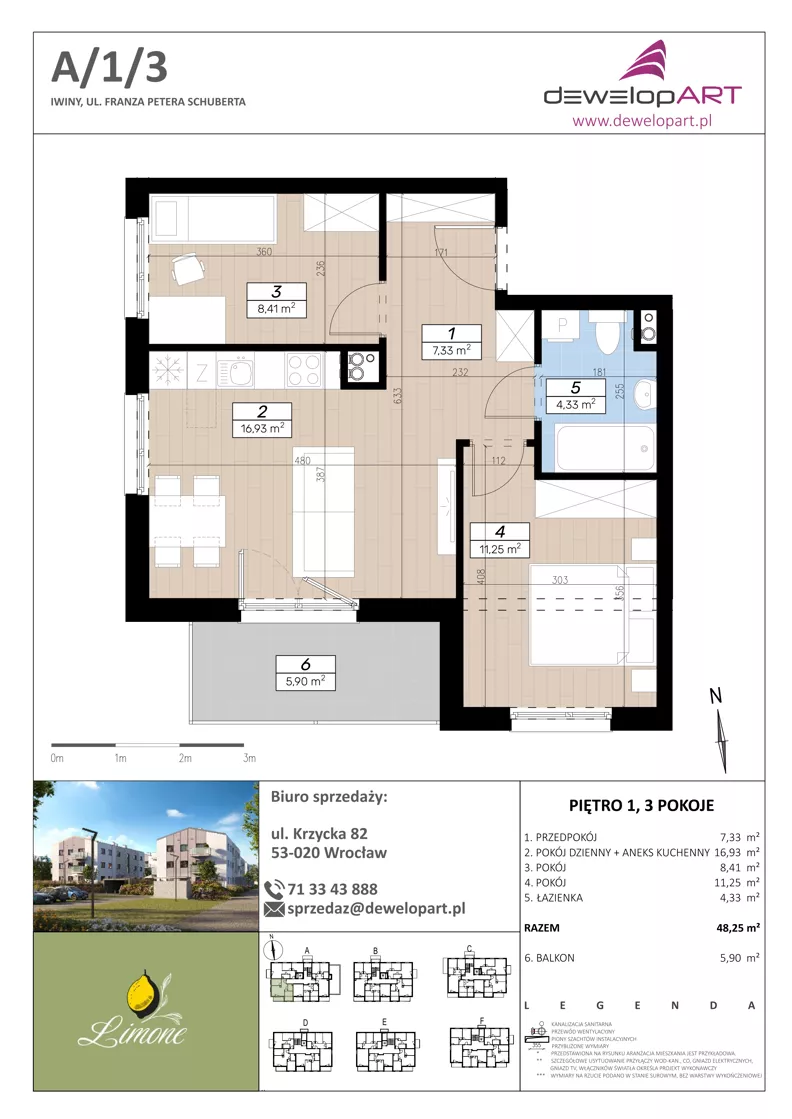 3 pokoje, mieszkanie 48,25 m², piętro 1, oferta nr A/1/3, Limone, Wrocław, Jagodno, ul. F. P. Schuberta