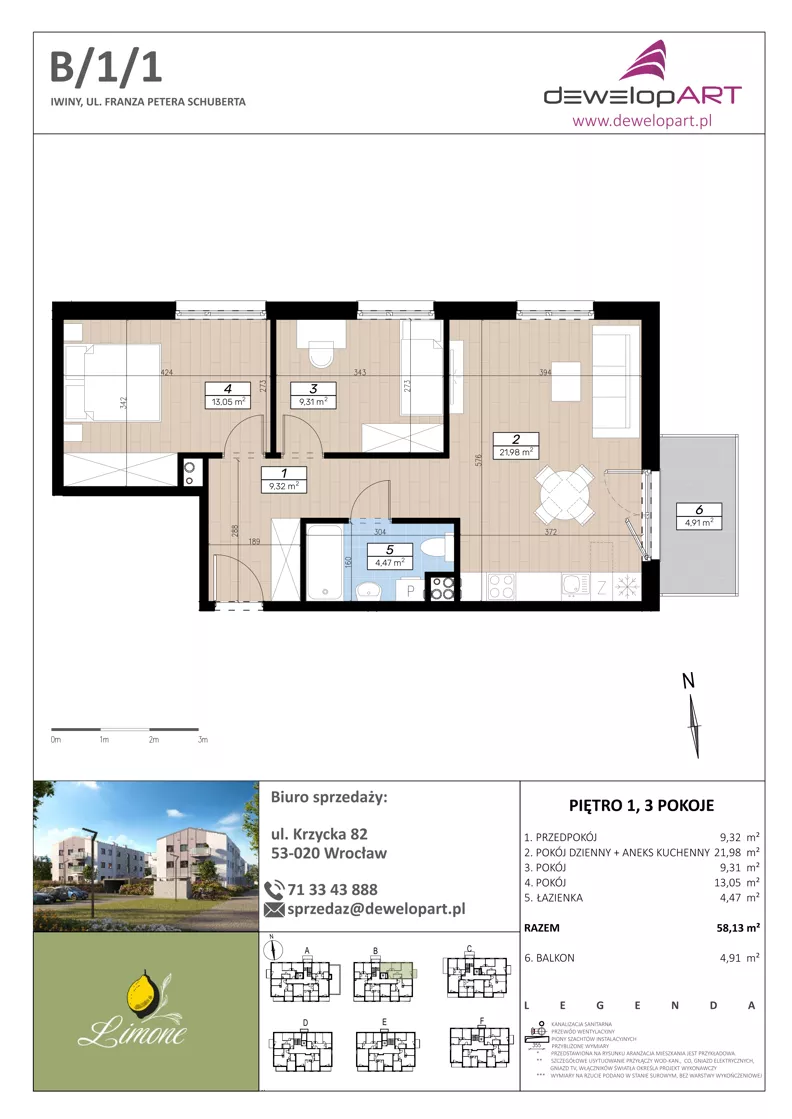 3 pokoje, mieszkanie 58,13 m², piętro 1, oferta nr B/1/1, Limone, Wrocław, Jagodno, ul. F. P. Schuberta