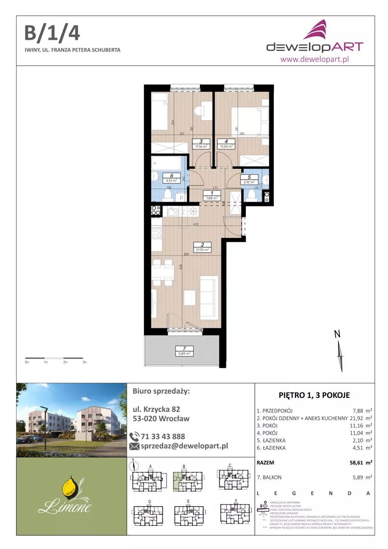 3 pokoje, mieszkanie 58,61 m², piętro 1, oferta nr B/1/4, Limone, Wrocław, Jagodno, ul. F. P. Schuberta