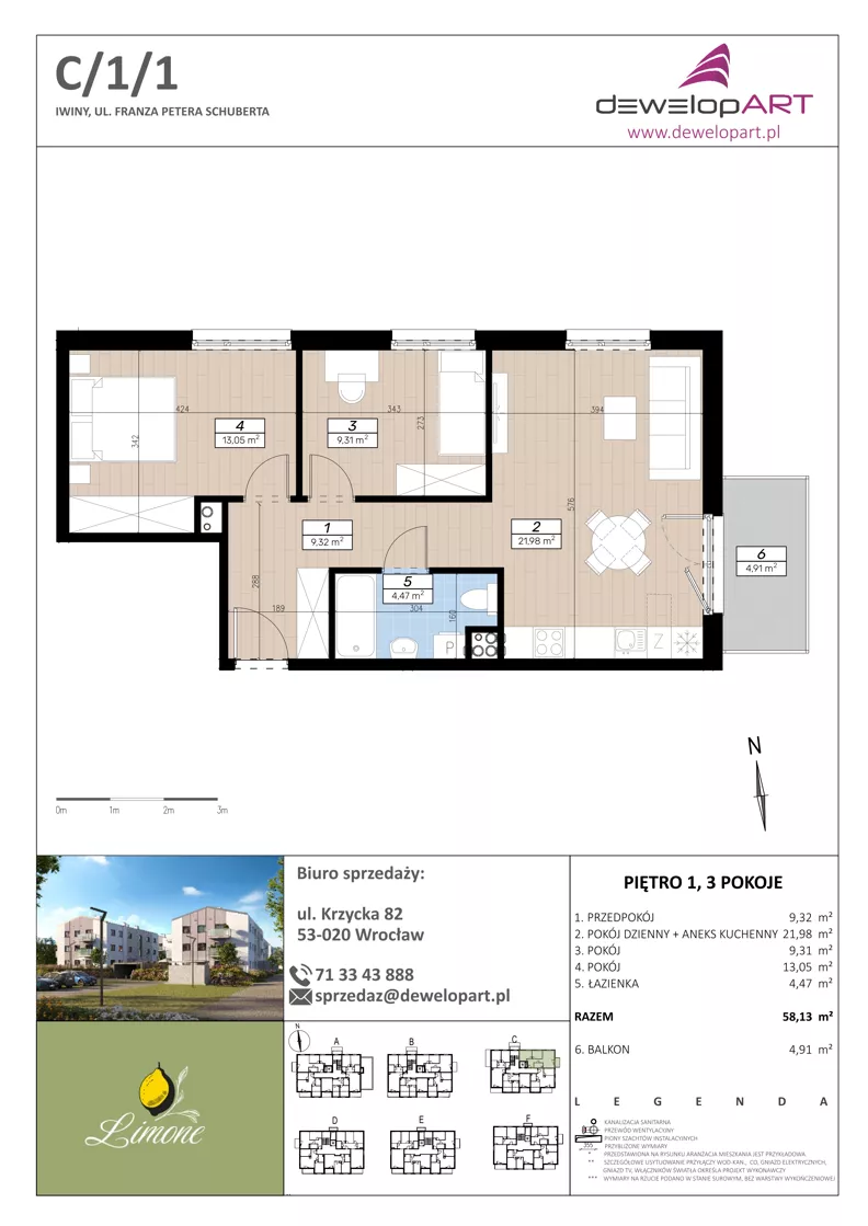 3 pokoje, mieszkanie 58,13 m², piętro 1, oferta nr C/1/1, Limone, Wrocław, Jagodno, ul. F. P. Schuberta