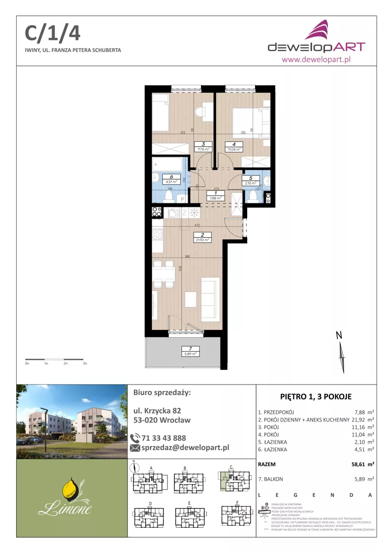 3 pokoje, mieszkanie 58,61 m², piętro 1, oferta nr C/1/4, Limone, Wrocław, Jagodno, ul. F. P. Schuberta