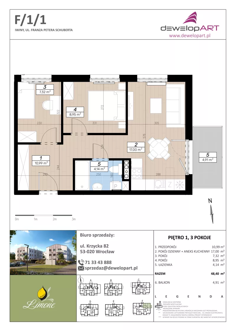 3 pokoje, mieszkanie 48,40 m², piętro 1, oferta nr F/1/1, Limone, Wrocław, Jagodno, ul. F. P. Schuberta