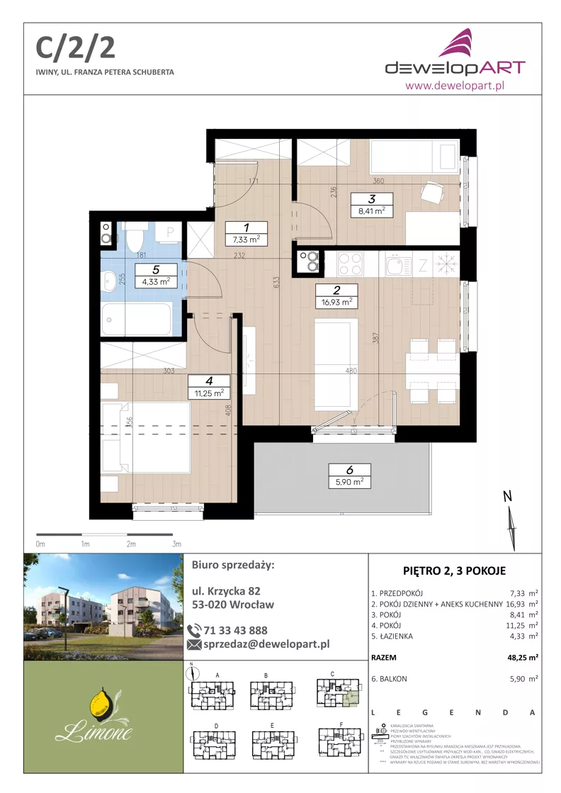 3 pokoje, mieszkanie 48,25 m², piętro 2, oferta nr C/2/2, Limone, Wrocław, Jagodno, ul. F. P. Schuberta