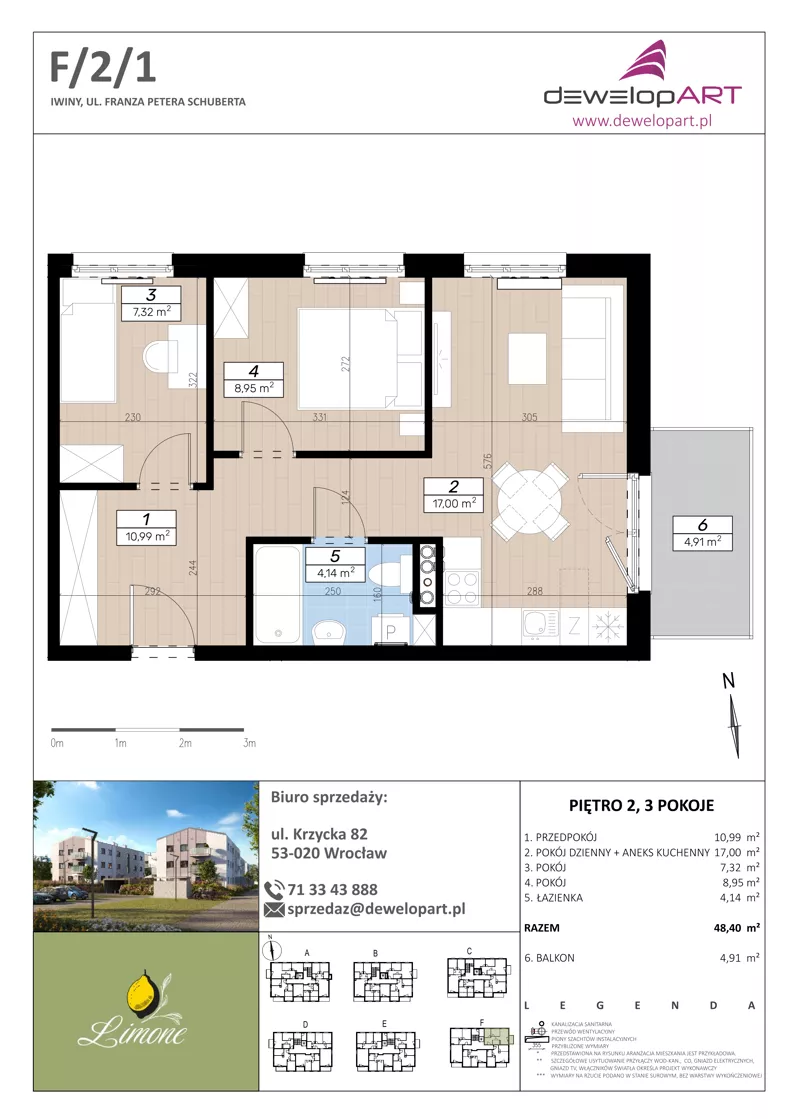 3 pokoje, mieszkanie 48,40 m², piętro 2, oferta nr F/2/1, Limone, Wrocław, Jagodno, ul. F. P. Schuberta