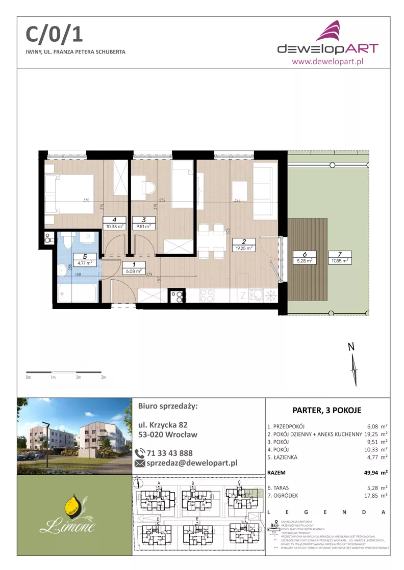 3 pokoje, mieszkanie 49,94 m², parter, oferta nr C/0/1, Limone, Wrocław, Jagodno, ul. F. P. Schuberta