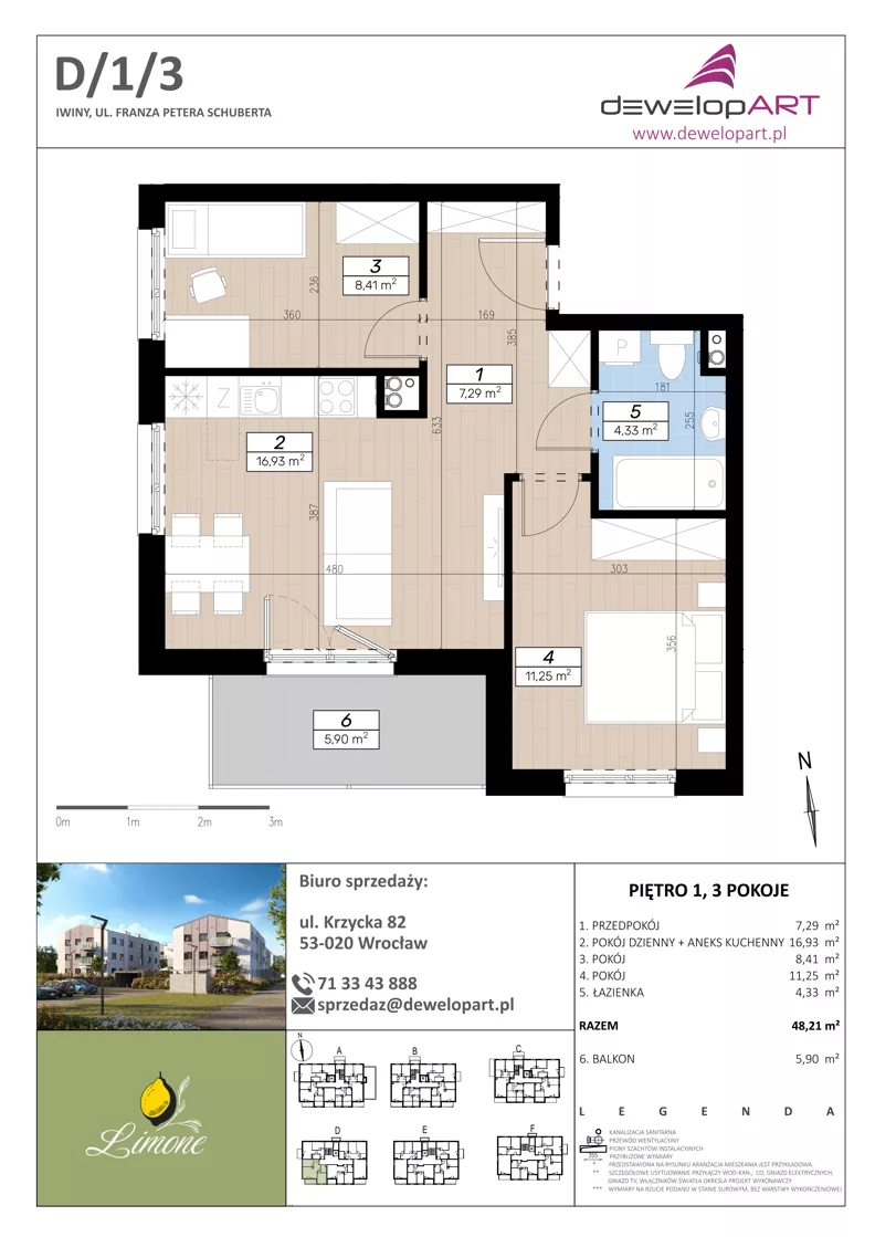 3 pokoje, mieszkanie 48,21 m², piętro 1, oferta nr D/1/3, Limone, Wrocław, Jagodno, ul. F. P. Schuberta