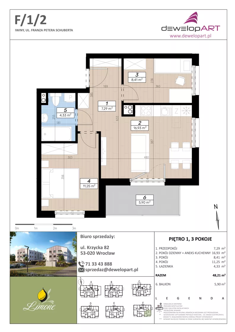 3 pokoje, mieszkanie 48,21 m², piętro 1, oferta nr F/1/2, Limone, Wrocław, Jagodno, ul. F. P. Schuberta