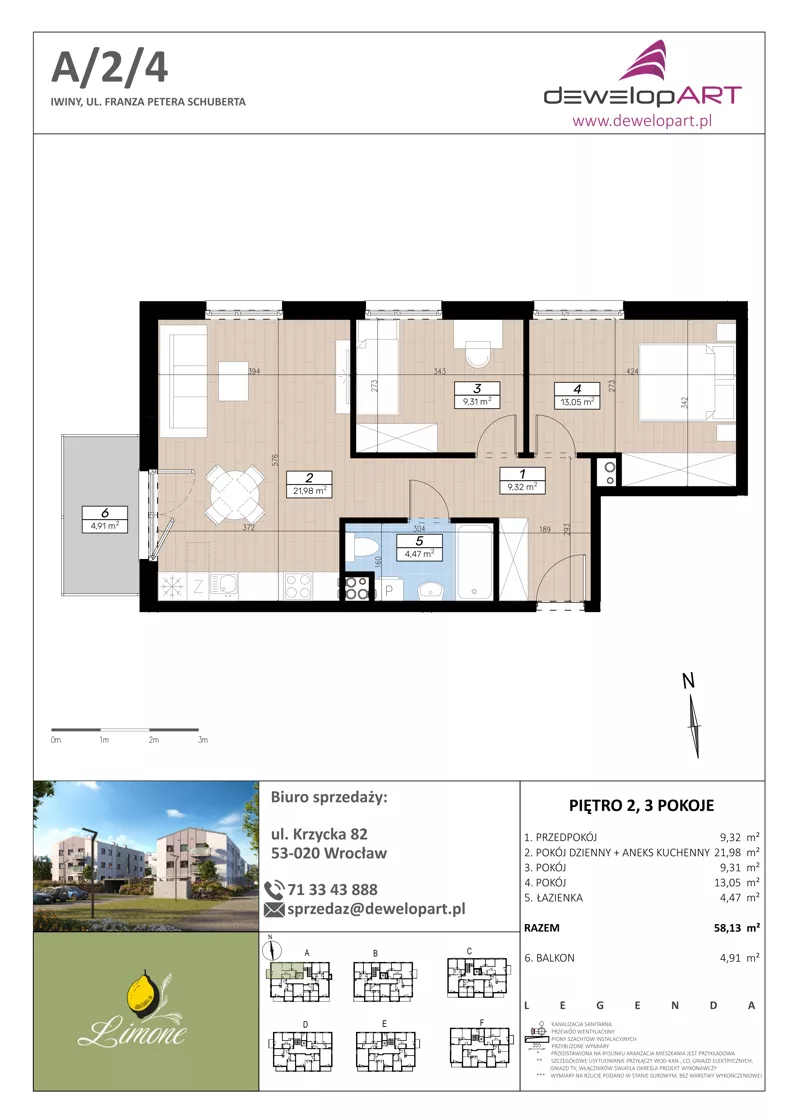 3 pokoje, mieszkanie 59,66 m², piętro 2, oferta nr A/2/4, Limone, Wrocław, Jagodno, ul. F. P. Schuberta
