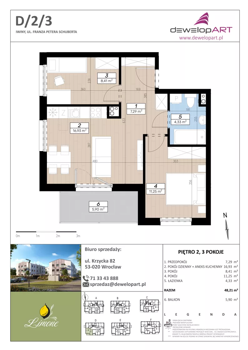 3 pokoje, mieszkanie 48,21 m², piętro 2, oferta nr D/2/3, Limone, Wrocław, Jagodno, ul. F. P. Schuberta