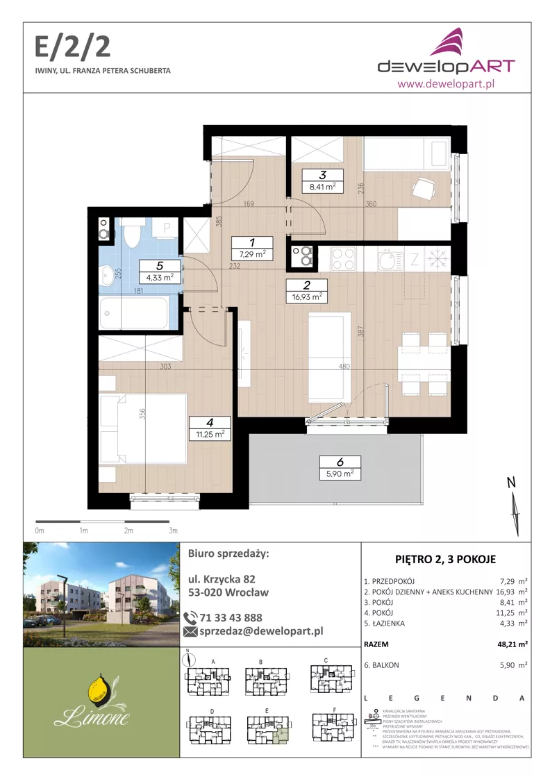 3 pokoje, mieszkanie 48,21 m², piętro 2, oferta nr E/2/2, Limone, Wrocław, Jagodno, ul. F. P. Schuberta