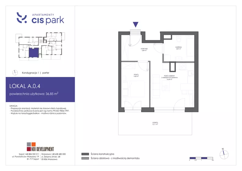 2 pokoje, mieszkanie 36,85 m², parter, oferta nr A.0.4, Apartamenty Cis Park, Gdynia, Pustki Cisowskie-Demptowo, Pustki Cisowskie, ul. Chabrowa