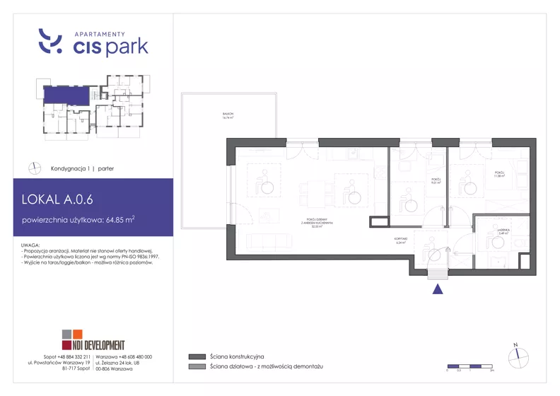 3 pokoje, mieszkanie 64,85 m², parter, oferta nr A.0.6, Apartamenty Cis Park, Gdynia, Pustki Cisowskie-Demptowo, Pustki Cisowskie, ul. Chabrowa