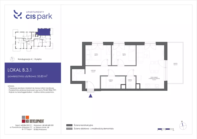 3 pokoje, mieszkanie 55,83 m², piętro 3, oferta nr B.3.1, Apartamenty Cis Park, Gdynia, Pustki Cisowskie-Demptowo, Pustki Cisowskie, ul. Chabrowa