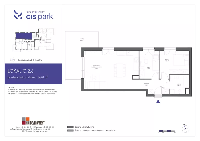 3 pokoje, mieszkanie 64,82 m², piętro 2, oferta nr C.2.6, Apartamenty Cis Park, Gdynia, Pustki Cisowskie-Demptowo, Pustki Cisowskie, ul. Chabrowa