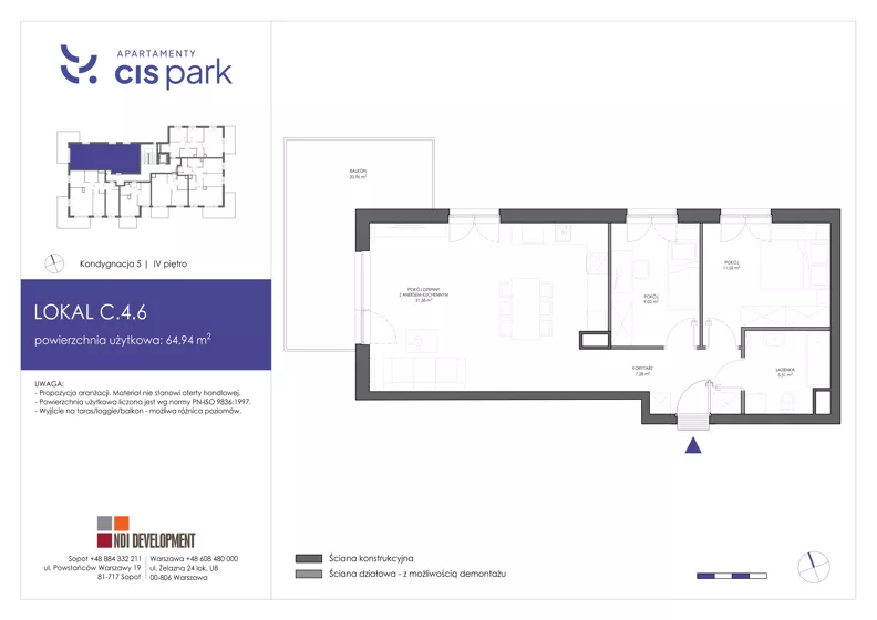 3 pokoje, mieszkanie 64,94 m², piętro 4, oferta nr C.4.6, Apartamenty Cis Park, Gdynia, Pustki Cisowskie-Demptowo, Pustki Cisowskie, ul. Chabrowa