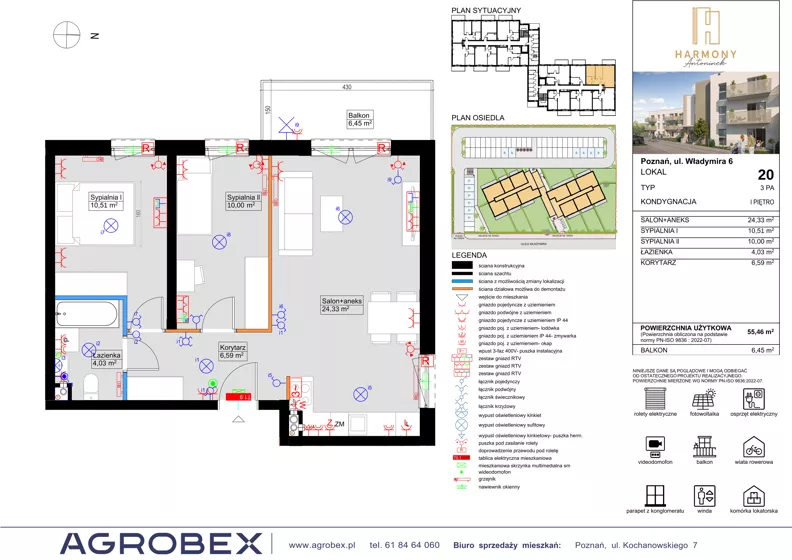 3 pokoje, mieszkanie 55,74 m², piętro 1, oferta nr 20, Harmony Antoninek, Poznań, Antoninek-Zieliniec-Kobylepole, Antoninek, ul. Władymira 6