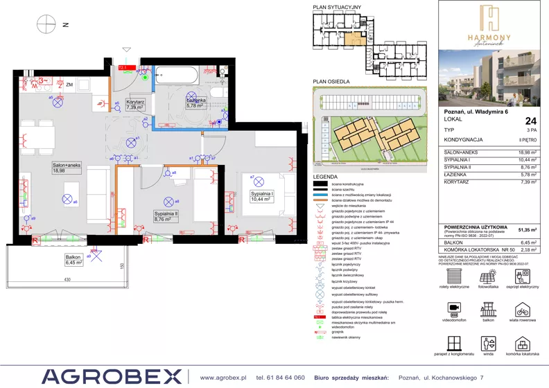 3 pokoje, mieszkanie 51,77 m², piętro 2, oferta nr 24, Harmony Antoninek, Poznań, Antoninek-Zieliniec-Kobylepole, Antoninek, ul. Władymira 6