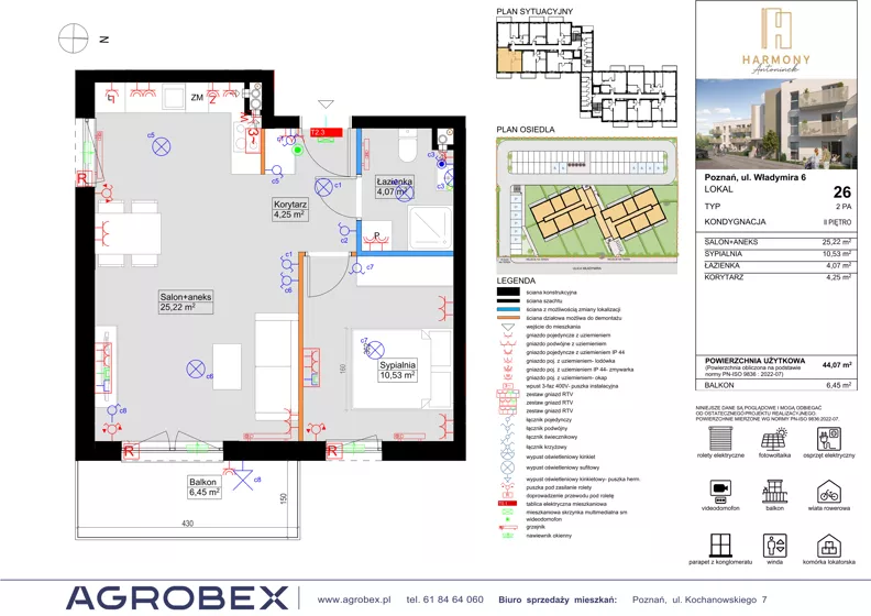 2 pokoje, mieszkanie 44,31 m², piętro 2, oferta nr 26, Harmony Antoninek, Poznań, Antoninek-Zieliniec-Kobylepole, Antoninek, ul. Władymira 6