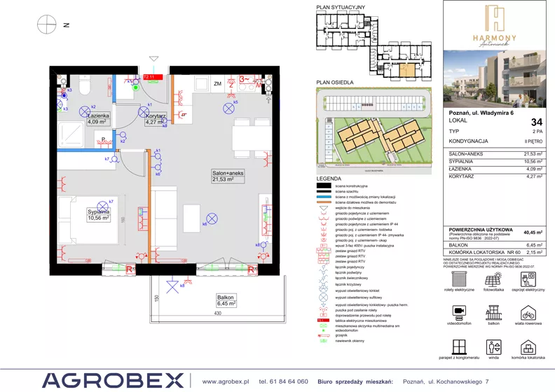 2 pokoje, mieszkanie 40,97 m², piętro 2, oferta nr 34, Harmony Antoninek, Poznań, Antoninek-Zieliniec-Kobylepole, Antoninek, ul. Władymira 6