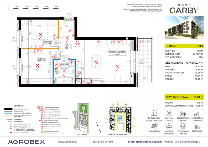 3 pokoje, mieszkanie 58,94 m², piętro 4, oferta nr 100, Nove Garby - Etap 2, Garby, ul. Tulecka