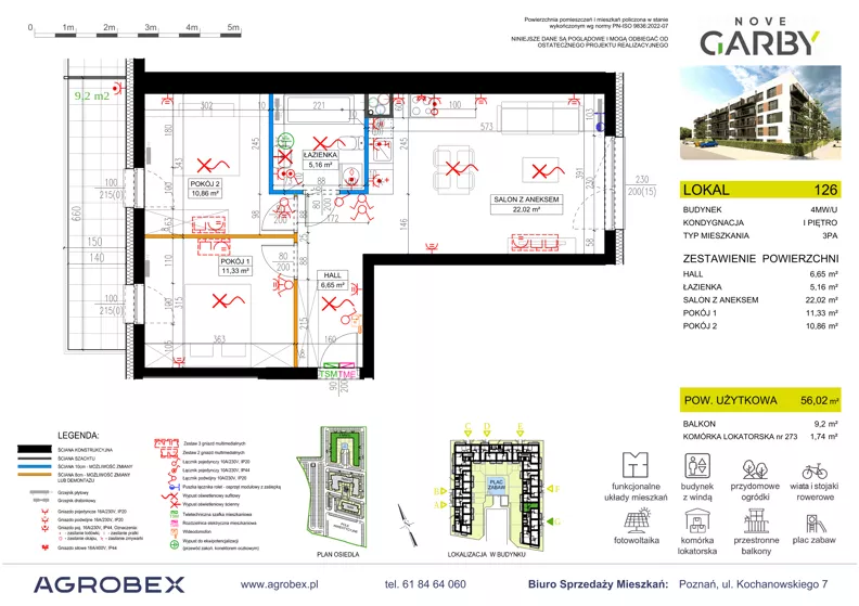 3 pokoje, mieszkanie 56,02 m², piętro 1, oferta nr 126, Nove Garby - Etap 2, Garby, ul. Tulecka