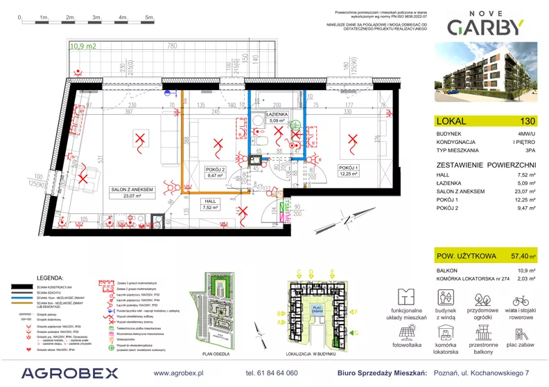 3 pokoje, mieszkanie 57,40 m², piętro 1, oferta nr 130, Nove Garby - Etap 2, Garby, ul. Tulecka