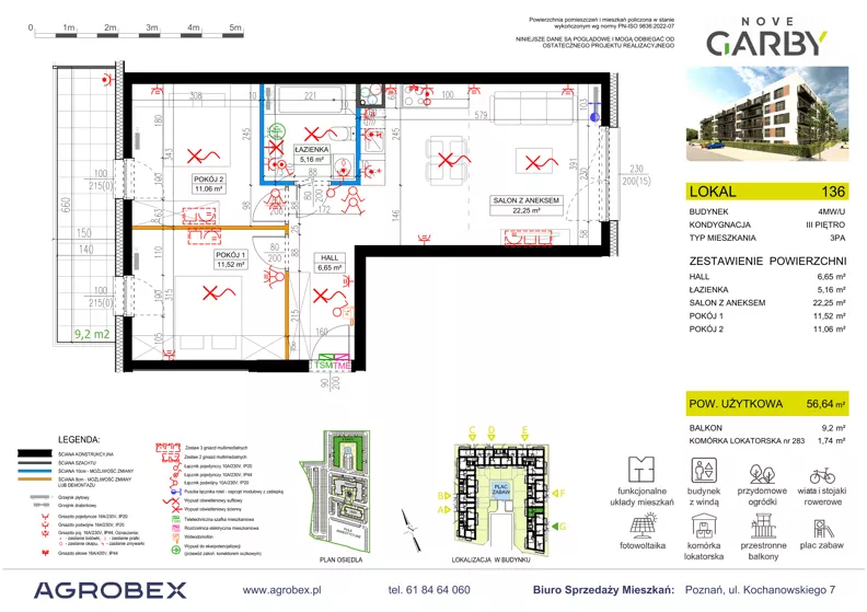 3 pokoje, mieszkanie 56,64 m², piętro 3, oferta nr 136, Nove Garby - Etap 2, Garby, ul. Tulecka