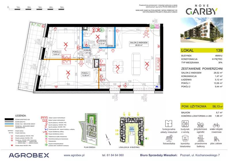 3 pokoje, mieszkanie 58,13 m², piętro 3, oferta nr 139, Nove Garby - Etap 2, Garby, ul. Tulecka