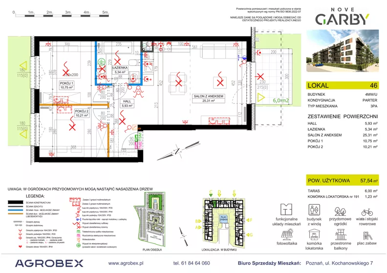 3 pokoje, mieszkanie 57,54 m², parter, oferta nr 46, Nove Garby - Etap 2, Garby, ul. Tulecka
