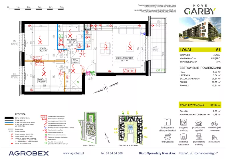 3 pokoje, mieszkanie 57,54 m², piętro 1, oferta nr 51, Nove Garby - Etap 2, Garby, ul. Tulecka