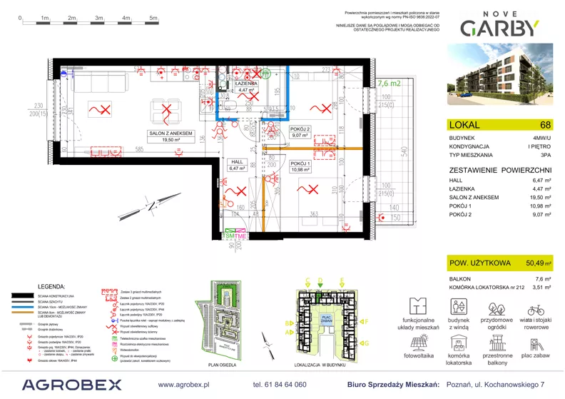 3 pokoje, mieszkanie 50,49 m², piętro 1, oferta nr 68, Nove Garby - Etap 2, Garby, ul. Tulecka