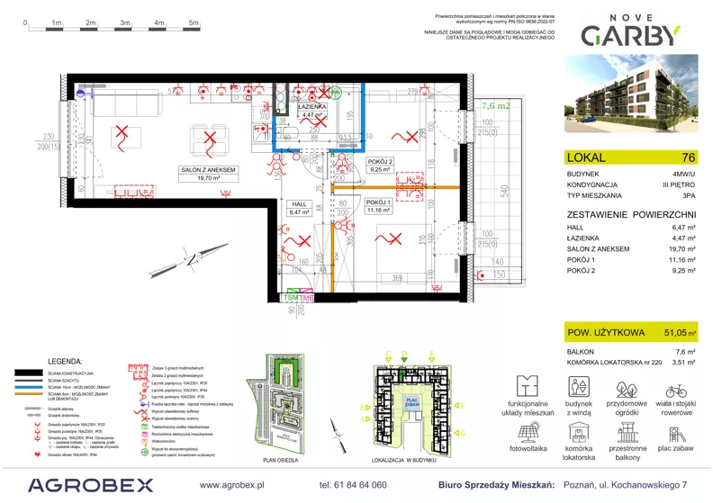 3 pokoje, mieszkanie 51,05 m², piętro 3, oferta nr 76, Nove Garby - Etap 2, Garby, ul. Tulecka