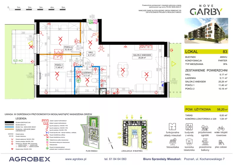 3 pokoje, mieszkanie 58,20 m², parter, oferta nr 83, Nove Garby - Etap 2, Garby, ul. Tulecka