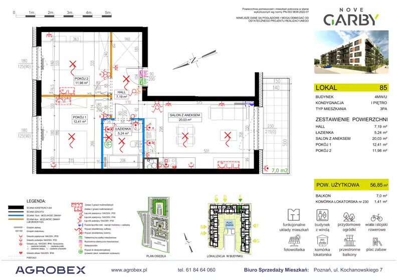 3 pokoje, mieszkanie 56,85 m², piętro 1, oferta nr 85, Nove Garby - Etap 2, Garby, ul. Tulecka
