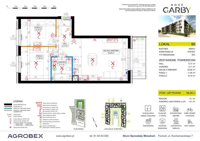 3 pokoje, mieszkanie 58,20 m², piętro 1, oferta nr 88, Nove Garby - Etap 2, Garby, ul. Tulecka